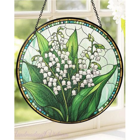 Attrape-soleil vitrail muguet 9 cm, décoration florale fenêtre, vitrail fleurs
