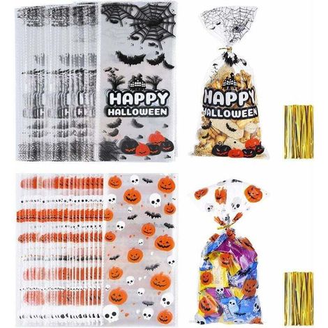 100 Pièces Sacs de Bonbon Friandises en Cellophane d’Halloween Sachets de Cadeaux Transparents avec 100 Pièces Cravates Torsadées pour Fournitures de Fête de Halloween (1/5)