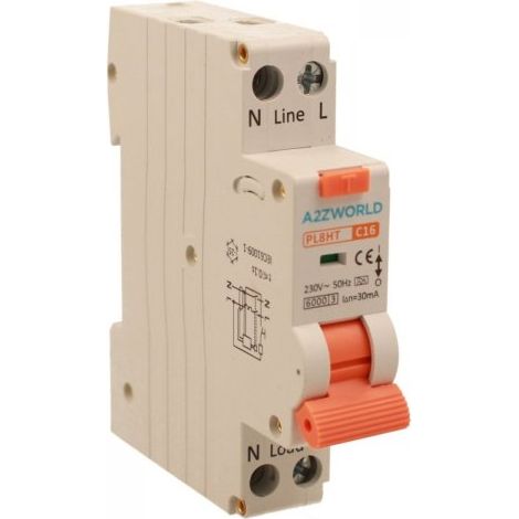 RCBO Interruttore Magnetotermico Differenziale Tipo A Curva C 1P+N 1M 6000A 30mA C16A AC 230V IP20 IEC61009-1 PL8HT GB57316