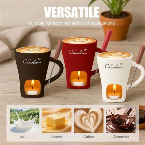 Lot de tasses à fondue au chocolat en céramique de 130 ml, avec photophore et fourchettes, convient pour le fromage, le chocolat (1/4)