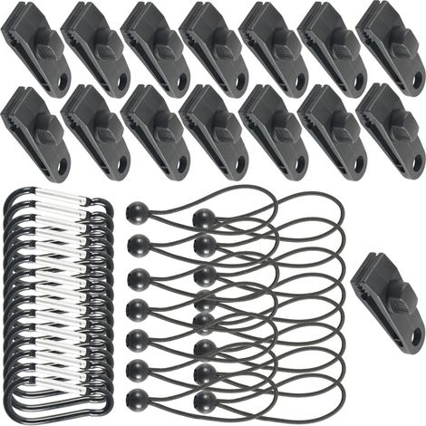 Lot de 15 clips de tente avec mousqueton et sangle en caoutchouc pour le camping, les auvents et les housses de voiture.