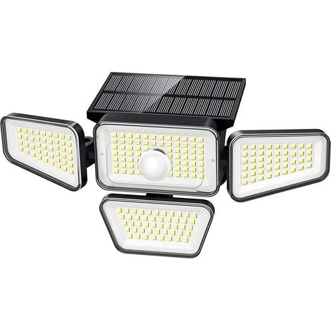 Projecteurs solaires d'extérieur, 270 LED 3000 lm, détecteur de mouvement, 4 têtes, 3 modes, sans fil, alimentés à l'énergie solaire (1/5)