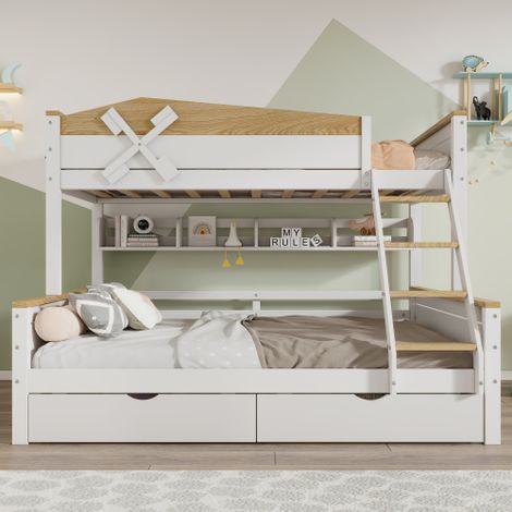 Lits superposés à motif moulin à vent, 90x200cm et 140x200cm, avec étagères barrières de sécurité, échelle inclinée à quatre marches et tiroirs en pin et MDF ;Blanc et naturel (1/5)