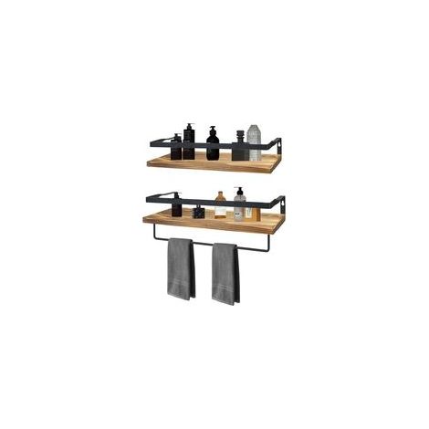 Set aus 2 schwebenden Wandregalen aus Massivholz, mit Handtuchhalter aus Metall und integrierter Kante – für Badezimmer, Küche und Wohnzimmer (1/5)