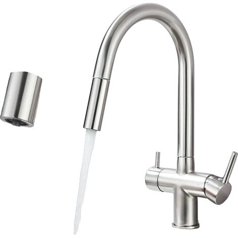 Rubinetto da cucina con doccetta estraibile, doppia maniglia, finitura nichel spazzolato. (1/2)