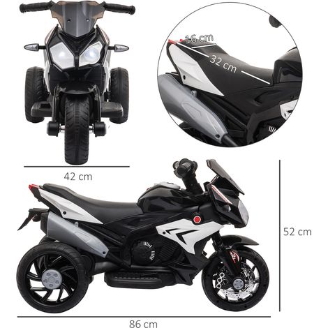 Tricycle électrique pour enfants à 3 roues, batterie rechargeable 6V, fonctions musicales, klaxon, phares, 86 x 42 x 52 cm, noir et blanc