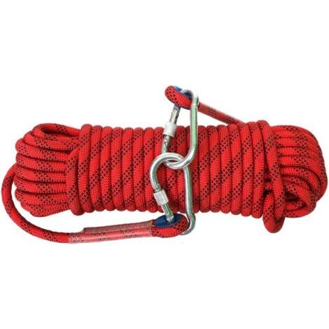 Cuerda de seguridad para exteriores de 10 mm con 2 mosquetones de acero, apta para escalada y rescate (10 m, color rojo). (1/5)