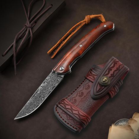 Couteau pliant Damas acier VG10 avec manche en bois et étui en cuir