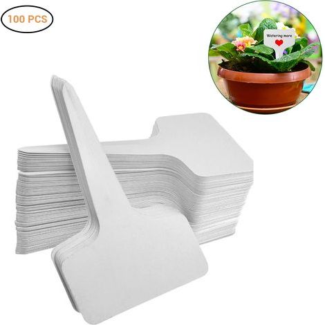 100 étiquettes de jardin en PVC blanc pour plantes de jardin, avec support pour tableau d'écriture et bouchons. (1/5)