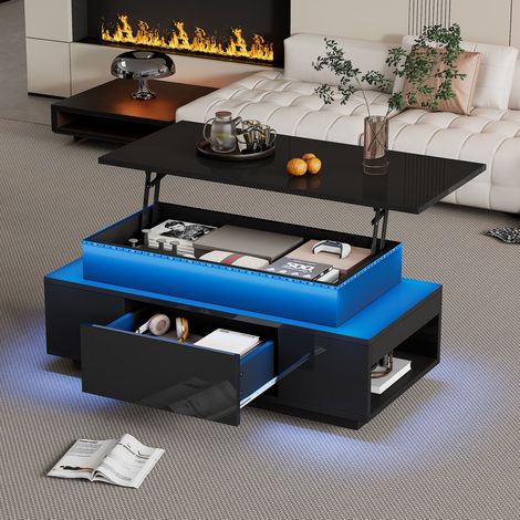 Höhenverstellbarer Couchtisch mit verstecktem Stauraum, 96 x 45 x 40 cm, LED, Schwarz OKMYHOME (1/5)