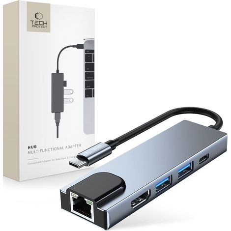 Hub 5 in 1 da USB-C a USB-C, USB-A, HDMI e RJ45 - Grigio (1/5)