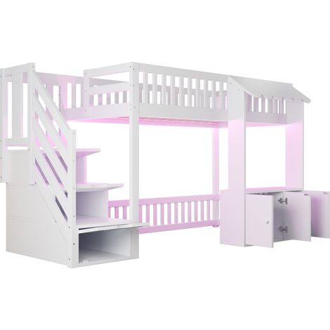 Cama alta de madera 90x200 cm blanca con almacenaje y LED multicolor (1/5)