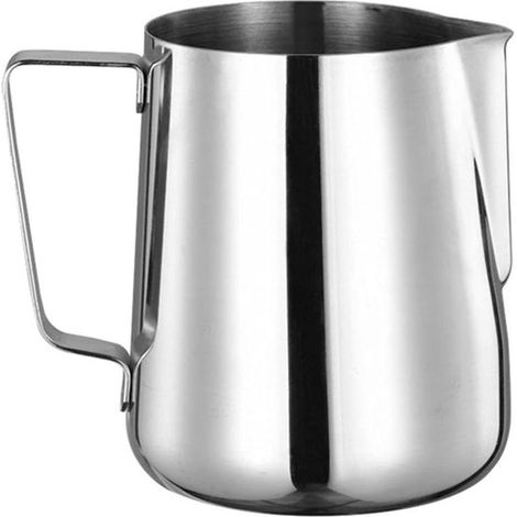 Jarra de leche de acero inoxidable - Jarra para espumar leche - Para preparar café - Asa ancha - 600 ml - Color plata (1/5)