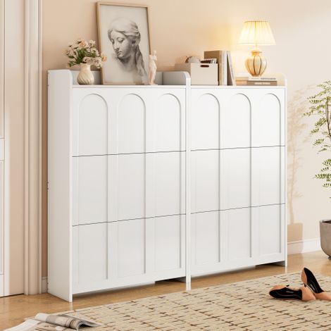 Meuble à chaussures 2 pièces - 140x25x120 cm - Avec 12 compartiments - 6 portes abattantes - MDF - Blanc (1/5)
