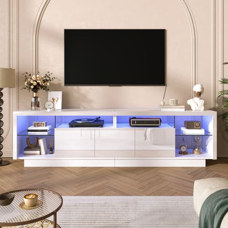Mueble TV (200x38x55 cm), con tres puertas de alto brillo, compartimentos laterales de cristal, LED multicolor, tablero aglomerado blanco (1/5)