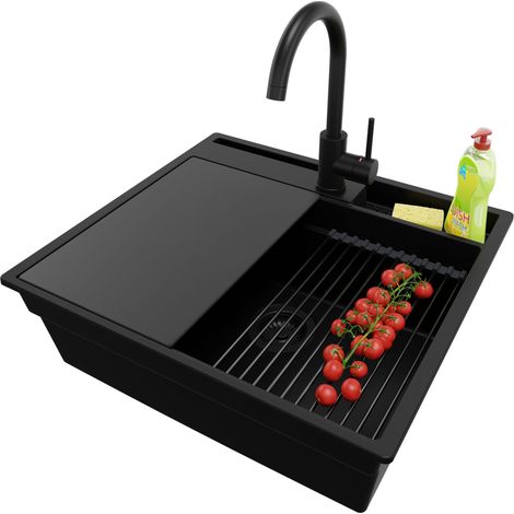 PRIMAGRAN Evier Cuisine en Granit 58x53cm, Lavabo 1 bac + Kit de Vidage + Accessoire, Évier à Encastrer au meuble 60cm - Oslo Pocket, Tout Noir (1/5)