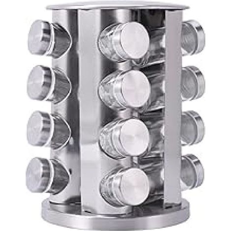 1 Étagère à épices rotative, 16 bocaux en verre hermétiques, finition argent brossé, pour cuisine et barbecue (1/5)