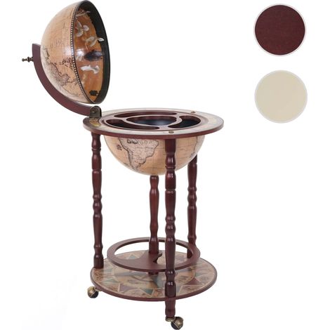 Bar de salon HWC-D83, minibar, étagère de vin, globe terrestre Ø 33cm, roulant, bois d'eucalyptus - marron (1/5)
