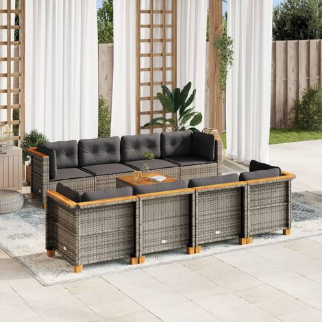 Ensemble salon jardin 9 pièces en résine tressée grise avec coussins, sièges d'angle et centraux, table acacia. (1/5)