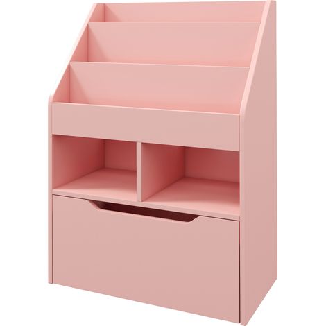 Bibliothèque étagère Multi-Rangement 3 étagères 2 niches Grand tiroir en bois Rose, rangement design, salon et bureau (1/5)