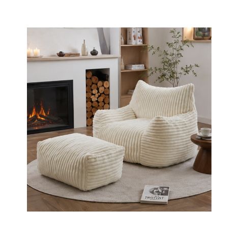 Fauteuil lounge avec pouf 103x90x70 cm, assise profonde, dossier ergonomique, mousse haute résilience, tissu côtelé, blanc