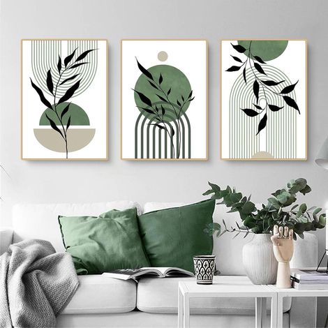 3er Set Poster Abstrakt Grün Blätter Modern Print Pflanzen Kunstposter Wandbilder Deko 21x30cm (1/5)