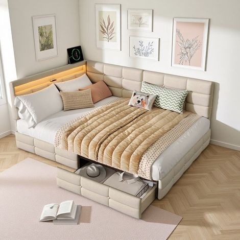 Beige gepolstertes L-förmiges Bett mit USB und LED-Beleuchtung, Kinderbett 90x200 cm, Wendekopfteil, 2 Schubladen, Beige (1/5)