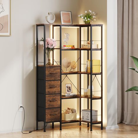 Étagère d'Angle, Bibliothèque 5 Niveaux LED, 4 Tiroirs Tissu, Bois Rustique Bibliothèque Meuble d'Angle, Étagère d'Angle Murale, Rangement Salon Chambre Bureau, Bibliothèque Industriel Bois (1/5)