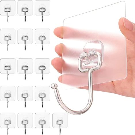 Confezione da 16 ganci adesivi trasparenti di grandi dimensioni, senza bisogno di forare, che non lasciano tracce e sono adatti per cucina, bagno e altre superfici murali. (1/5)