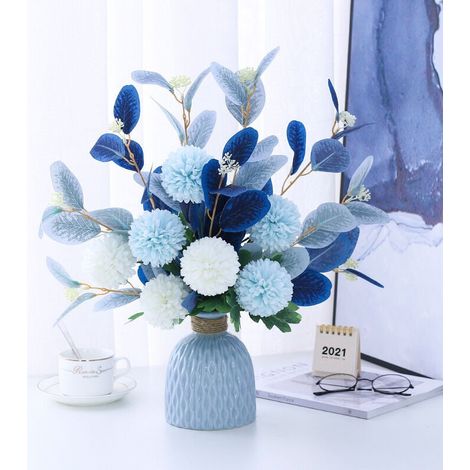 Fleurs Artificielles,Plante Artificielle Interieur,Bleu Style Méditerranéen Fleur Artificielle,pour La Maison Bricolage Bureau Décoration de Mariage(Fleurs artificielles, Vase) Ensemble (1/4)