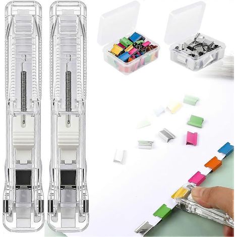 Agrafeuse portable à reliure, lot de 2 distributeurs de trombones réutilisable réf.2026 + 100 recharges métalliques transparentes (1/5)