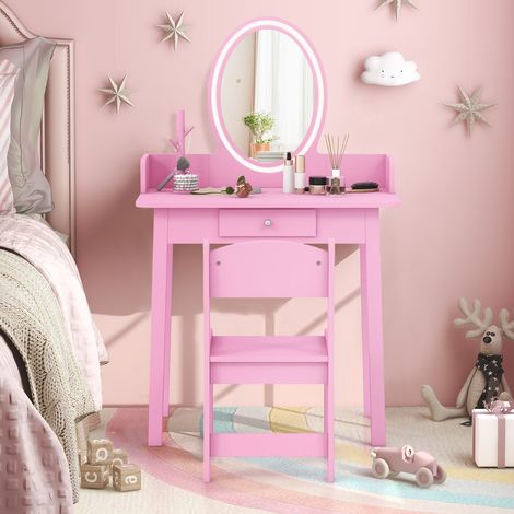 Ensemble de Coiffeuse pour Enfants avec Miroir Éclairé Coiffeuse de Maquillage avec Chaise Éclairage Led Bicolore Organisateur de Rose