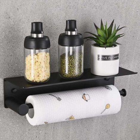 Porte-essuie-tout mural, magnétique, sans perçage Porte-essuie-tout de cuisine, porte-rouleau avec étagère de rangement spacieuse, aluminium 31 cm / 12,2 pouces, noir (1/4)
