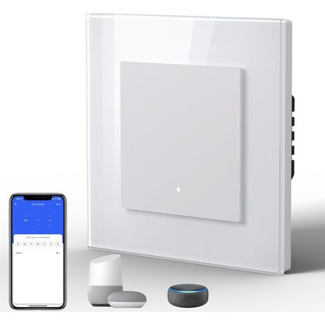 Interrupteur Mural, Interrupteur connecté Bouton-poussoir (Cliquez), Panneau en Verre Esthétique,Compatible avec Home et Neutral Line Required, 1 Gang 1 Way, blanc (1/5)