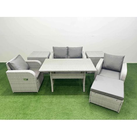Fimous Light Grey PE Wicker Rattan Garden Furniture Set Sofa Set Reclining Chair Rectangular Dining Table 5 Seater With Footstool 2 Side Table (1/4)
