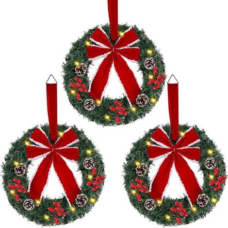 Lot de 3 couronnes de Noël artificielles illuminées avec lumières LED, grands nœuds rouges, 8 modes et minuterie, fonctionnant sur piles pour porte d'entrée, portail ou décoration murale (1/5)