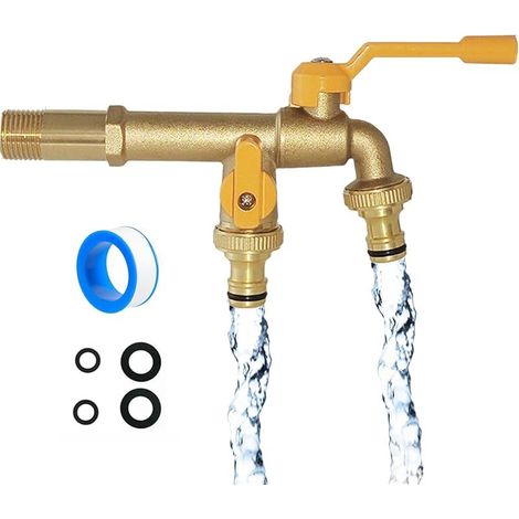 Robinet Exterieur Jardin à Double Sortie, Répartiteur de Tuyau en Laiton Inoxydable 2 Voies avec Entrée 1/2 et 2 Sorties 3/4 Pouces, Kit de Robinet Extérieur pour Jardin, Maison, Industrie (1/5)
