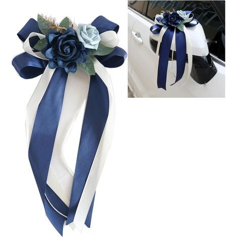 Juego de 4 lazos de seda para coche - Decoración para coche de boda - Rosa sintética - Lazo para coche - Manija de puerta - Espejo retrovisor - Decoración para silla de boda - Con ventosas - Azul (1/5)