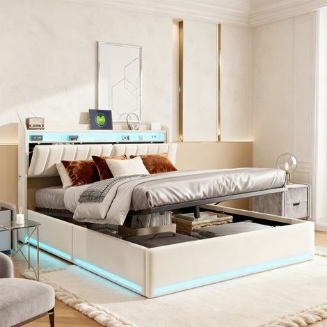 Letto 140x200 - Capitonné - Contenitore idraulico - Testata in velluto beige LED+USB - Metallo 12 doghe 280kg (1/5)