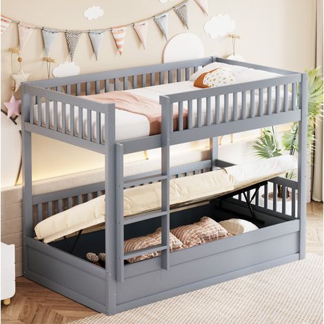 Letto a castello in legno massello grigio 90x200 cm con contenitore idraulico e rete a doghe (1/5)