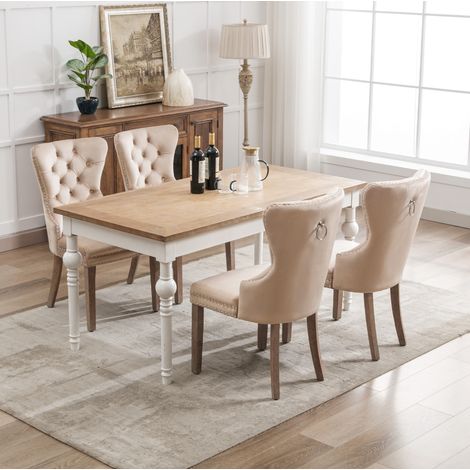 Lot 4 chaises repas 53,5x64x95 cm bois velours beige, pieds réglables – MEUBLIV (1/5)