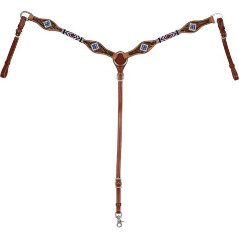 Pettorale western in cuoio decorato a rombi con perline blu (1/4)
