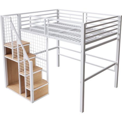 Letto a soppalco 140 x 200 cm con scala sicura e vano contenitore in metallo e MDF bianco (1/5)