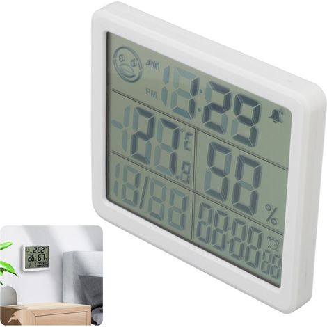 Thermomètre et hygromètre électronique numérique pour la maison, thermomètre domestique, hygromètre d'intérieur, réveil, horloge date, chambre de bébé, salon, bureau, serre, blanc. (1/5)