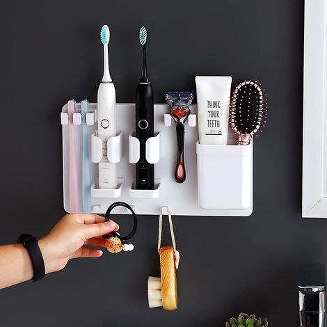 Porte-brosse à dents et porte-rasoir mural multifonctionnel avec crochets de douche pour un rangement pratique dans la salle de bain (1/3)
