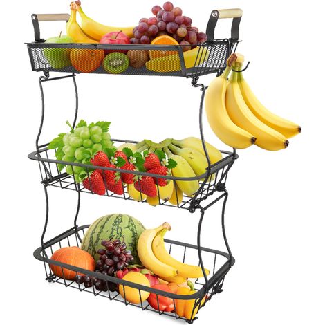 Cesto portafrutta a 3 ripiani con ganci per snack vegetali, nero (1/5)