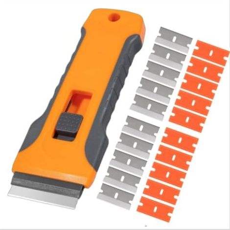 Keramik-Kochfeldschaber, 15 Klingen aus Kohlenstoffstahl + 15 Kunststoffklingen, Doppelklingensatz, effektive und sichere Reinigung, für alle Induktionskochfelder, Orange