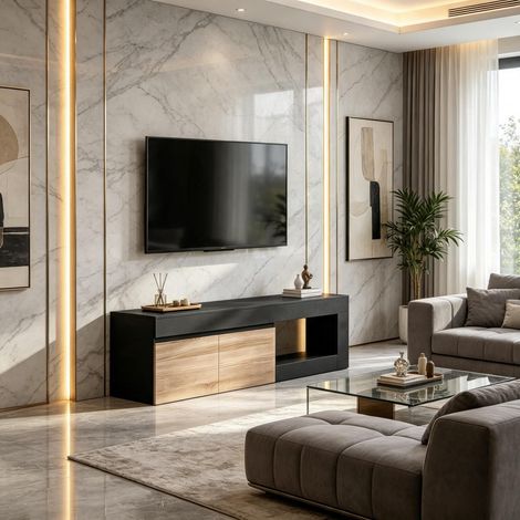 Meuble TV à 2 portes, adapté aux téléviseurs jusqu'à 60 pouces, avec placard de rangement et étagère ouverte (meuble TV uniquement). (1/5)