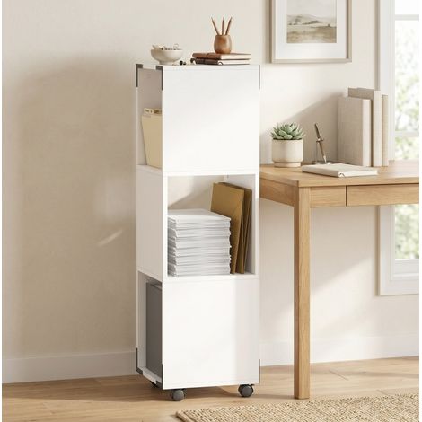 Mueble de almacenaje con ruedas, 3 compartimentos abiertos y balda para impresora, blanco DESVIAE (1/5)