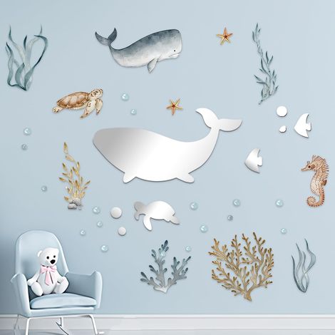 Stickers Muraux Tortue, Stickers Muraux Poisson Miroir, Autocollant Mural Baleine Algues Corail Décoration, Murale Chambre Enfants Bébé Pépinière Salle de Bain (1/5)